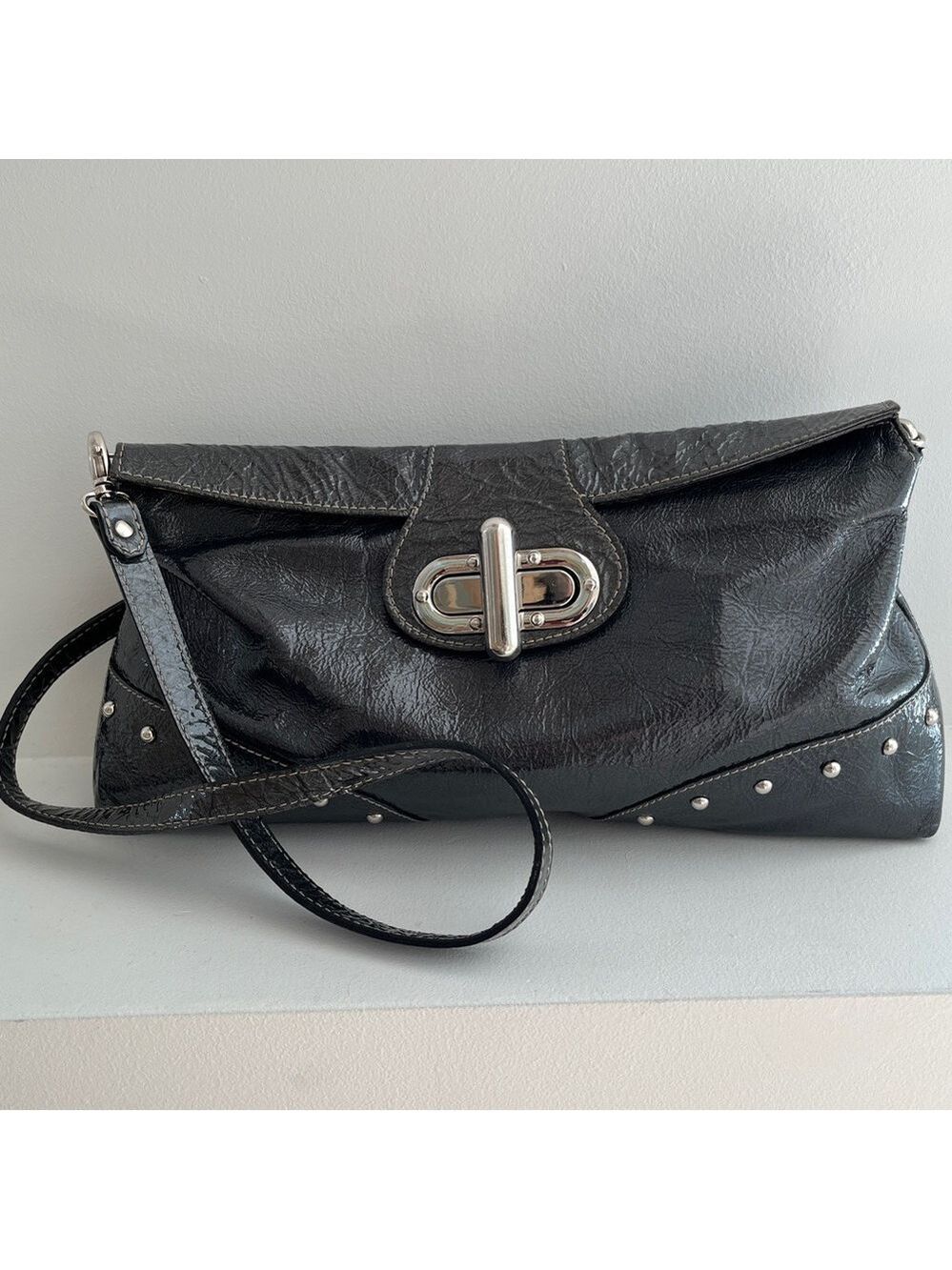 NUOVEDIVE Genuine Leather Made Italy Grey-Green Patent Stud Detail Shoulder Bag